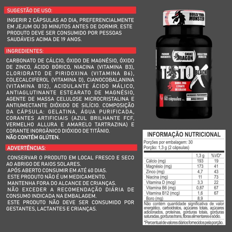 Testo X Black Aumenta Testosterona Libido Energia e Vitalidade 60 Caps